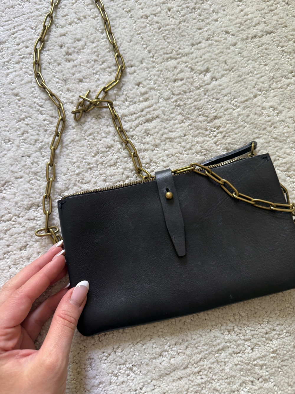 Madewell Black Leather Crossbody Clutch with Brass Chain